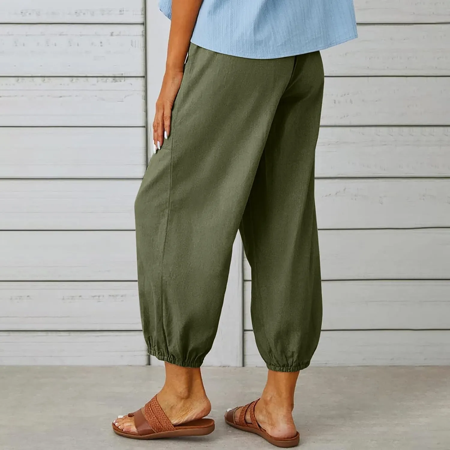 Womens Cotton Linen Pants Drawstring Jogger Pant Summer Loose Beach Trousers with Pockets Vacation Travel Clothes