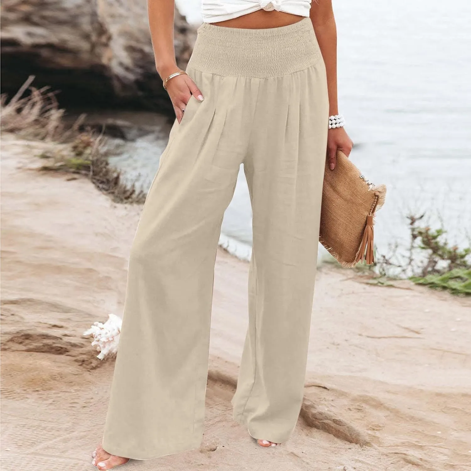 Women's Cotton Linen Pants Dressy Casual Elastic High Waist Drawstring Pants Wide Leg Lounge Yoga Trousers