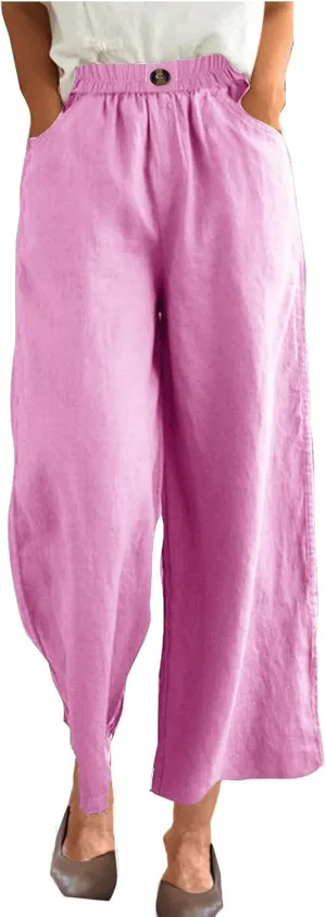 Womens Cotton Linen Pants Solid Button Elastic Waist Casual Wide Leg Trousers Loose Lightweight Comfy Lounge Pants