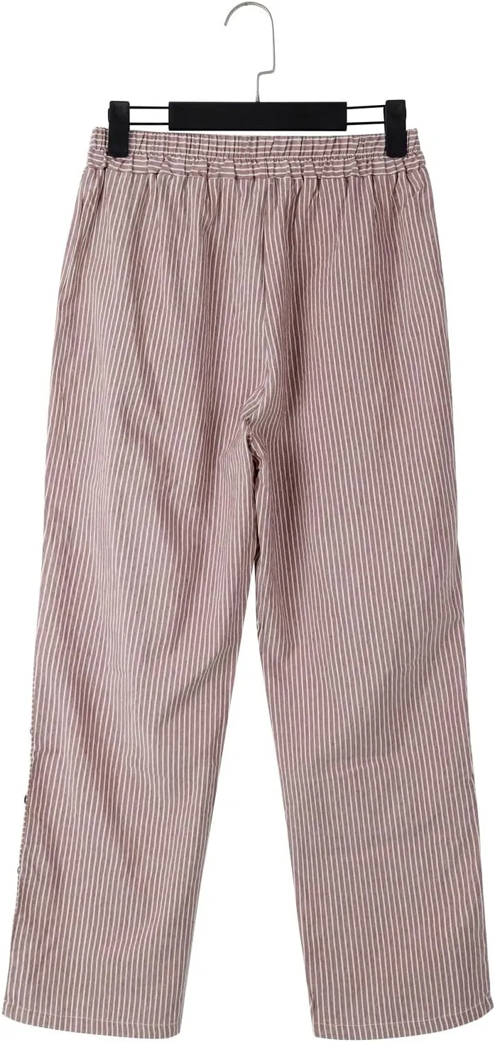 Women's Cotton Linen Pants Womens Casual Loose Elastic Waist Cotton Trouser Cropped Wide Leg Pants with Pockets