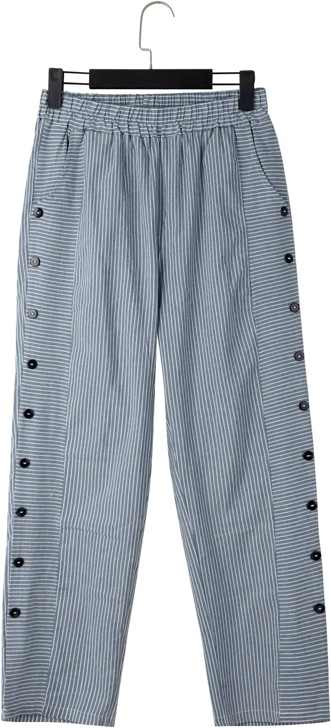 Women's Cotton Linen Pants Womens Casual Loose Elastic Waist Cotton Trouser Cropped Wide Leg Pants with Pockets