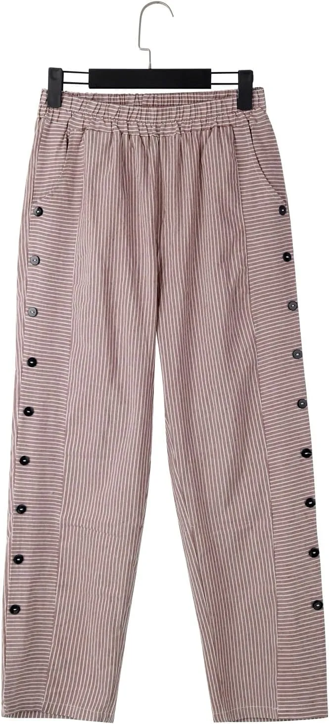 Women's Cotton Linen Pants Womens Casual Loose Elastic Waist Cotton Trouser Cropped Wide Leg Pants with Pockets