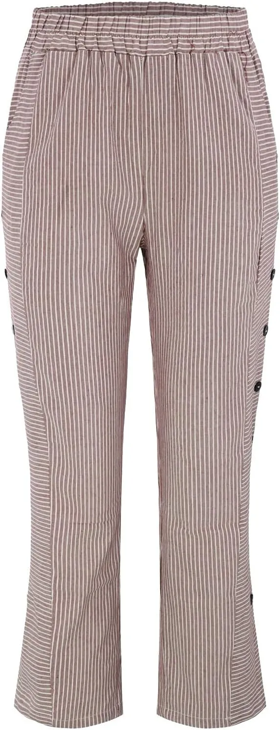 Women's Cotton Linen Pants Womens Casual Loose Elastic Waist Cotton Trouser Cropped Wide Leg Pants with Pockets