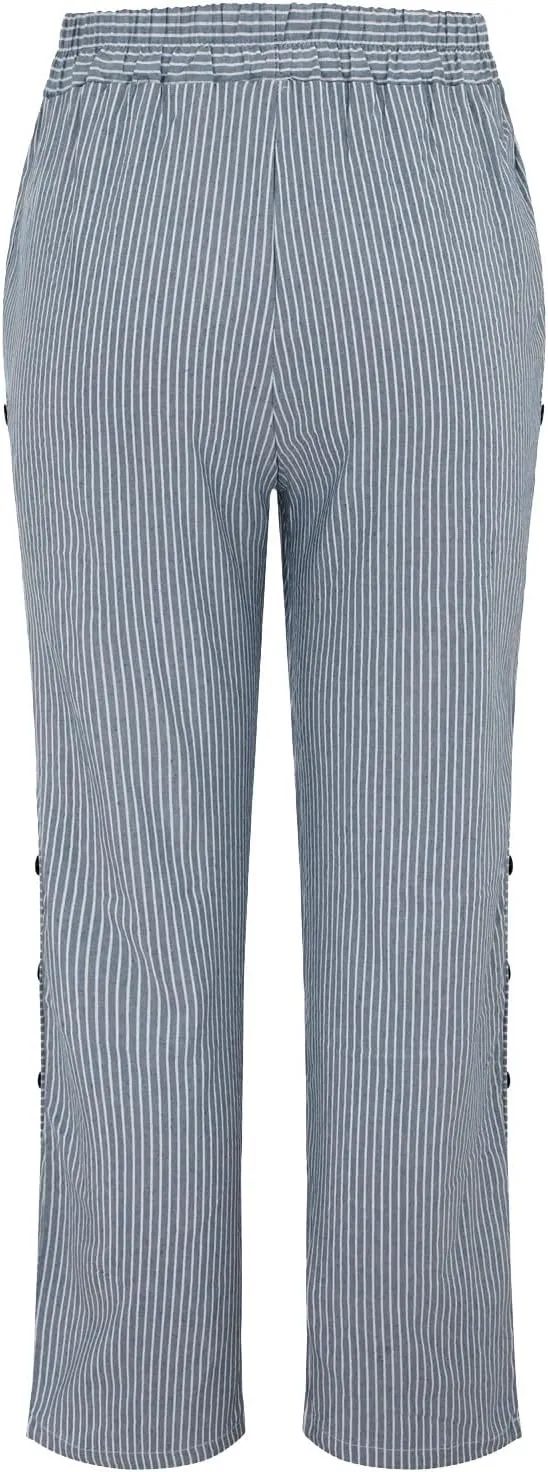 Women's Cotton Linen Pants Womens Casual Loose Elastic Waist Cotton Trouser Cropped Wide Leg Pants with Pockets