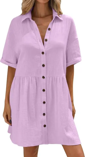 Womens Cotton Linen Short Sleeve Sundress Button Down Mini Shirt Dress 2025 Casual Babydoll Tunic Loose Beach Dresses