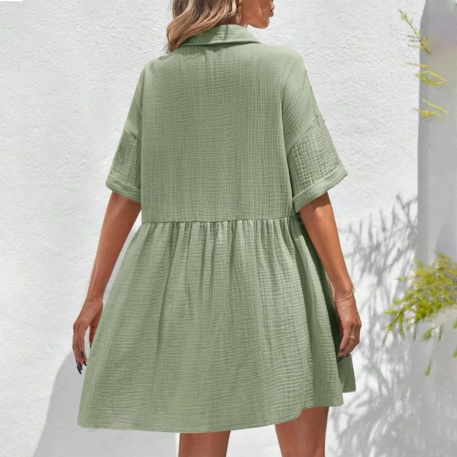 Womens Cotton Linen Short Sleeve Sundress Button Down Mini Shirt Dress 2025 Casual Babydoll Tunic Loose Beach Dresses