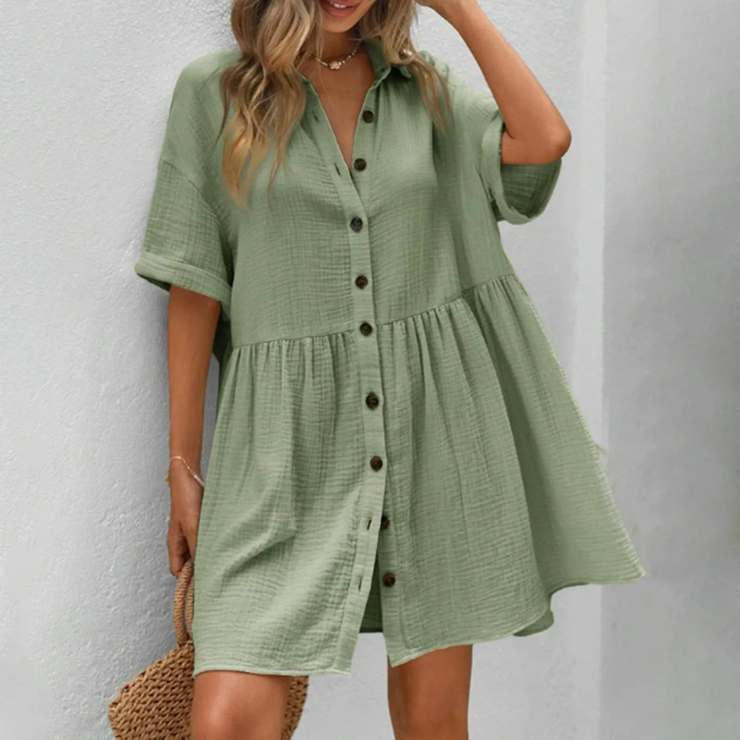 Womens Cotton Linen Short Sleeve Sundress Button Down Mini Shirt Dress 2025 Casual Babydoll Tunic Loose Beach Dresses
