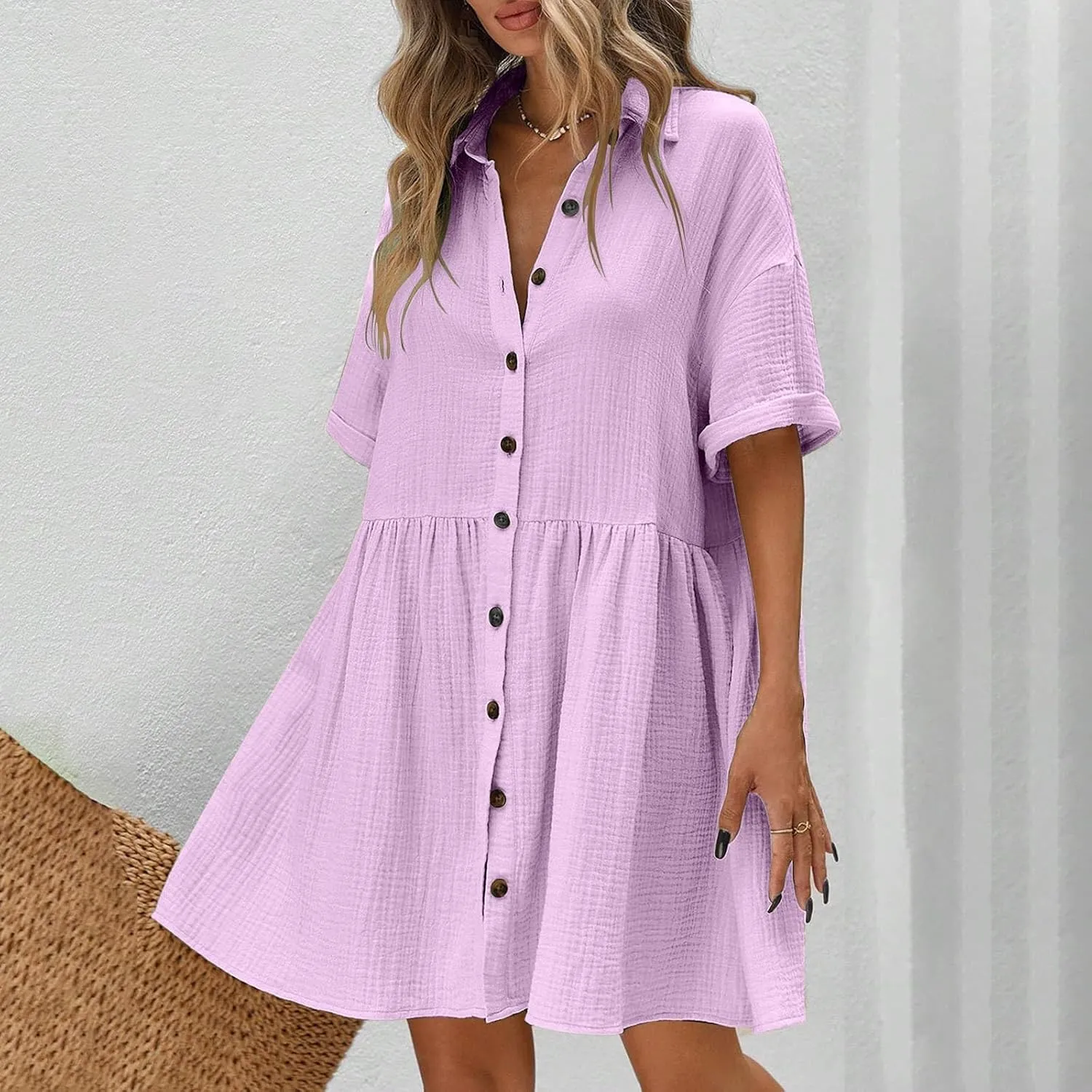 Womens Cotton Linen Short Sleeve Sundress Button Down Mini Shirt Dress 2025 Casual Babydoll Tunic Loose Beach Dresses