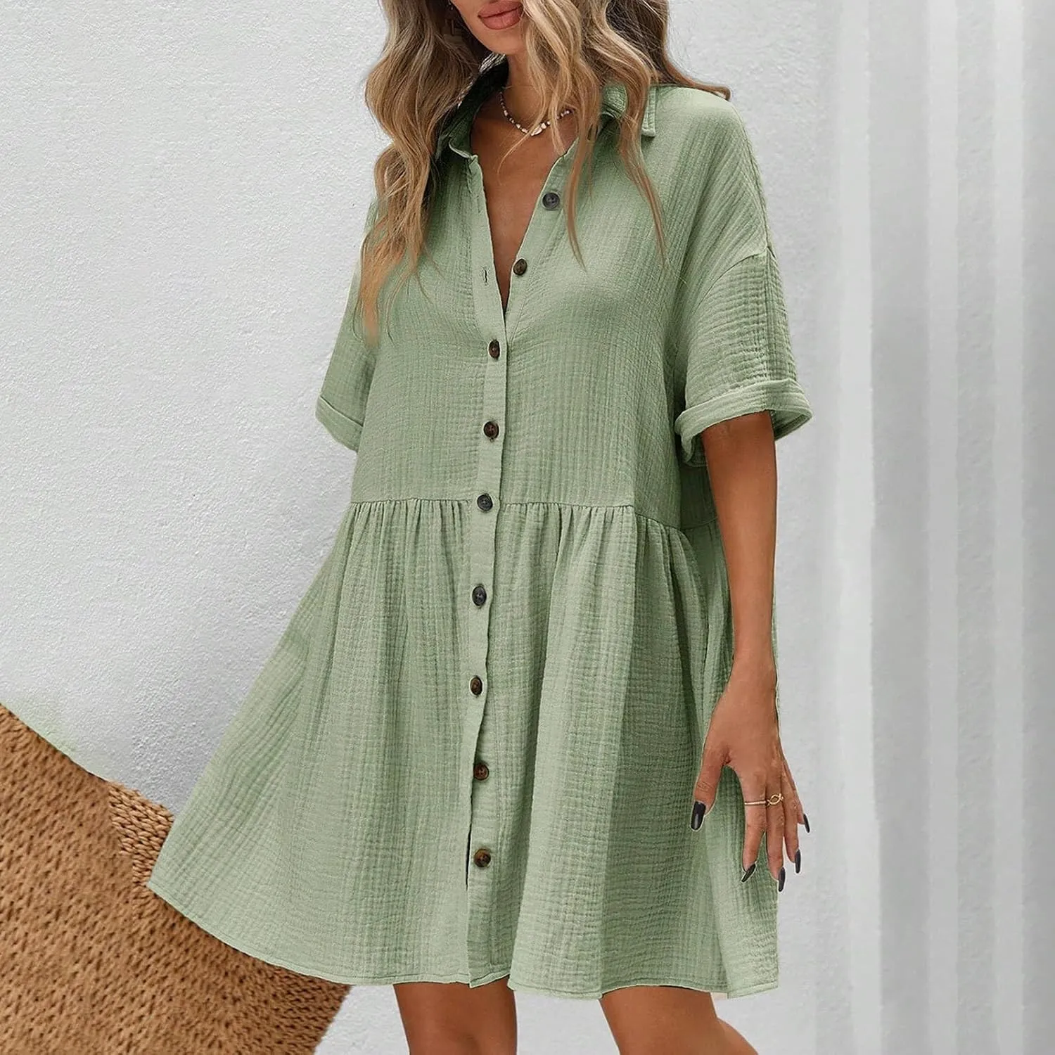 Womens Cotton Linen Short Sleeve Sundress Button Down Mini Shirt Dress 2025 Casual Babydoll Tunic Loose Beach Dresses