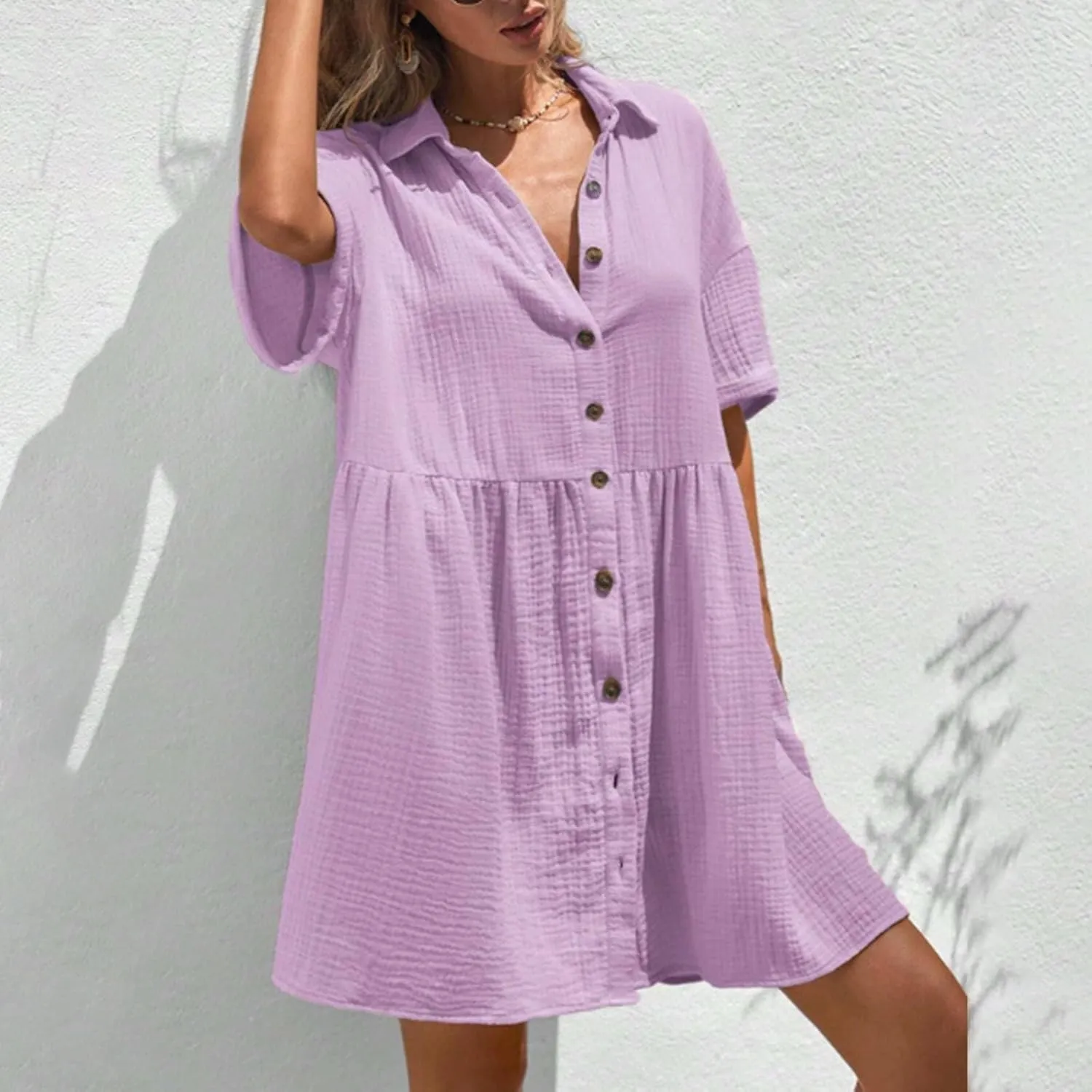 Womens Cotton Linen Short Sleeve Sundress Button Down Mini Shirt Dress 2025 Casual Babydoll Tunic Loose Beach Dresses