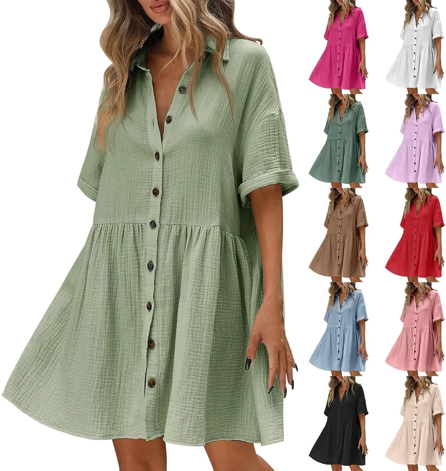 Womens Cotton Linen Short Sleeve Sundress Button Down Mini Shirt Dress 2025 Casual Babydoll Tunic Loose Beach Dresses