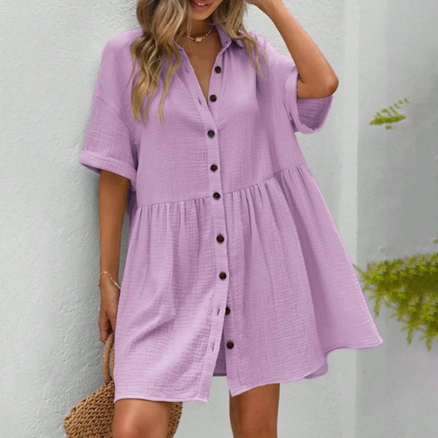 Womens Cotton Linen Short Sleeve Sundress Button Down Mini Shirt Dress 2025 Casual Babydoll Tunic Loose Beach Dresses