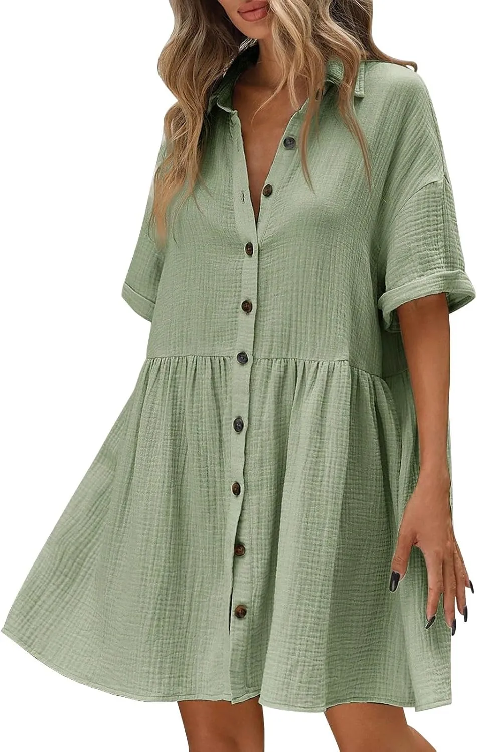 Womens Cotton Linen Short Sleeve Sundress Button Down Mini Shirt Dress 2025 Casual Babydoll Tunic Loose Beach Dresses