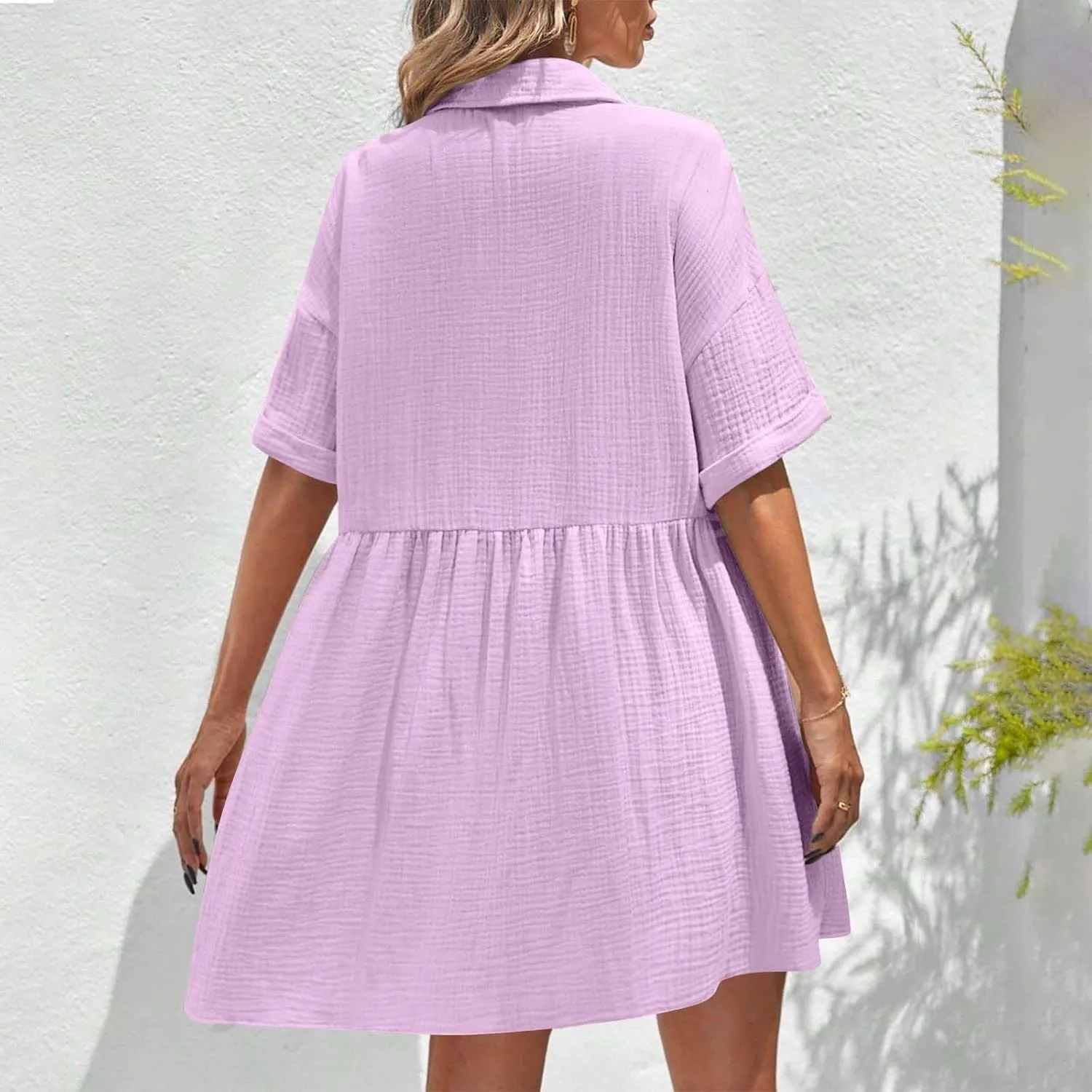 Womens Cotton Linen Short Sleeve Sundress Button Down Mini Shirt Dress 2025 Casual Babydoll Tunic Loose Beach Dresses