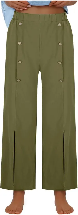 Womens Cotton Wide Leg Pants Casual Elastic High Waisted Palazzo Pants Button Decor Straight Leg Solid Comfy Trousers