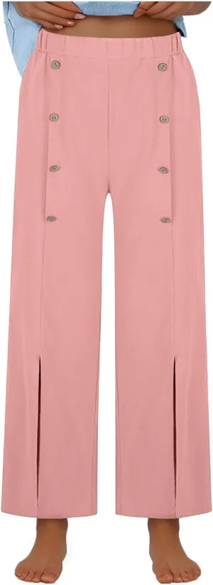 Womens Cotton Wide Leg Pants Casual Elastic High Waisted Palazzo Pants Button Decor Straight Leg Solid Comfy Trousers