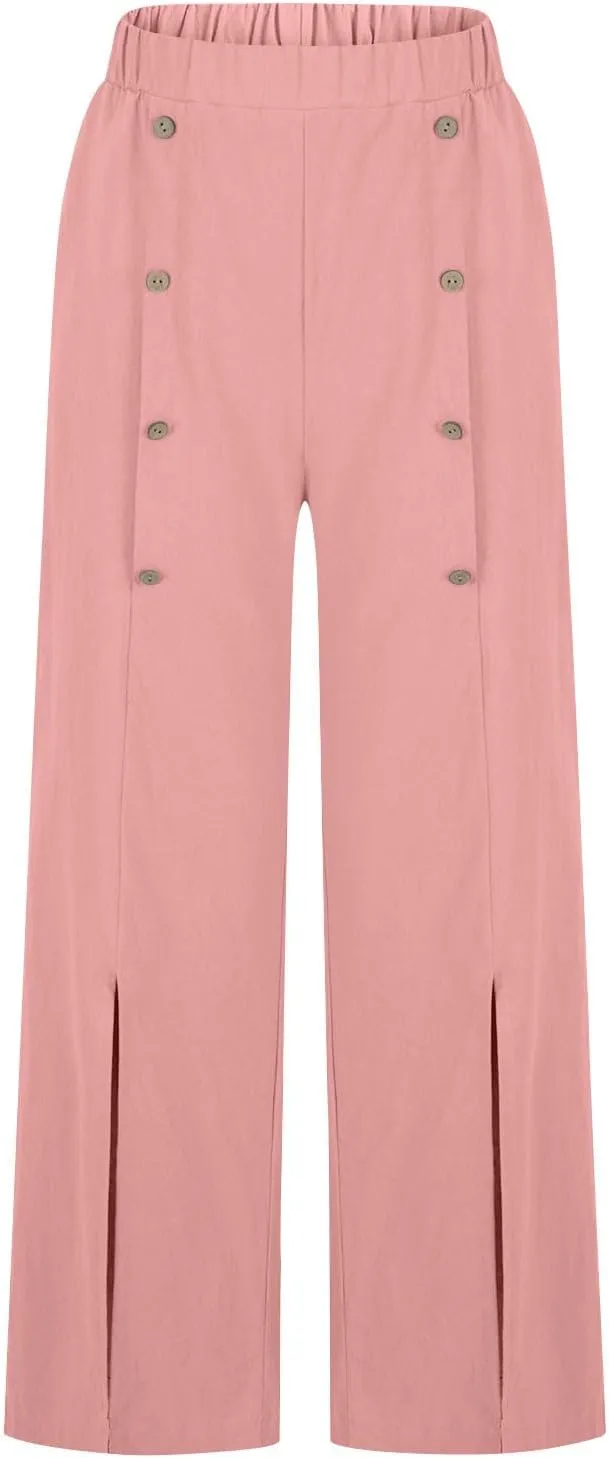 Womens Cotton Wide Leg Pants Casual Elastic High Waisted Palazzo Pants Button Decor Straight Leg Solid Comfy Trousers