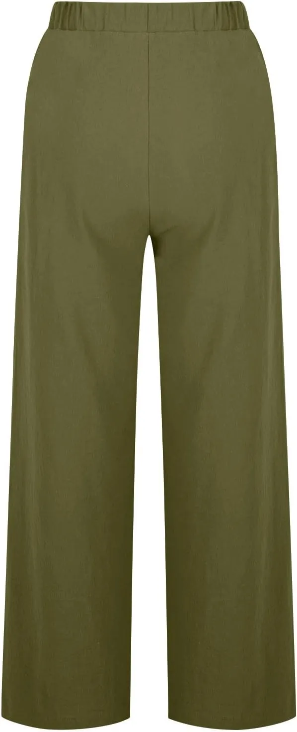 Womens Cotton Wide Leg Pants Casual Elastic High Waisted Palazzo Pants Button Decor Straight Leg Solid Comfy Trousers