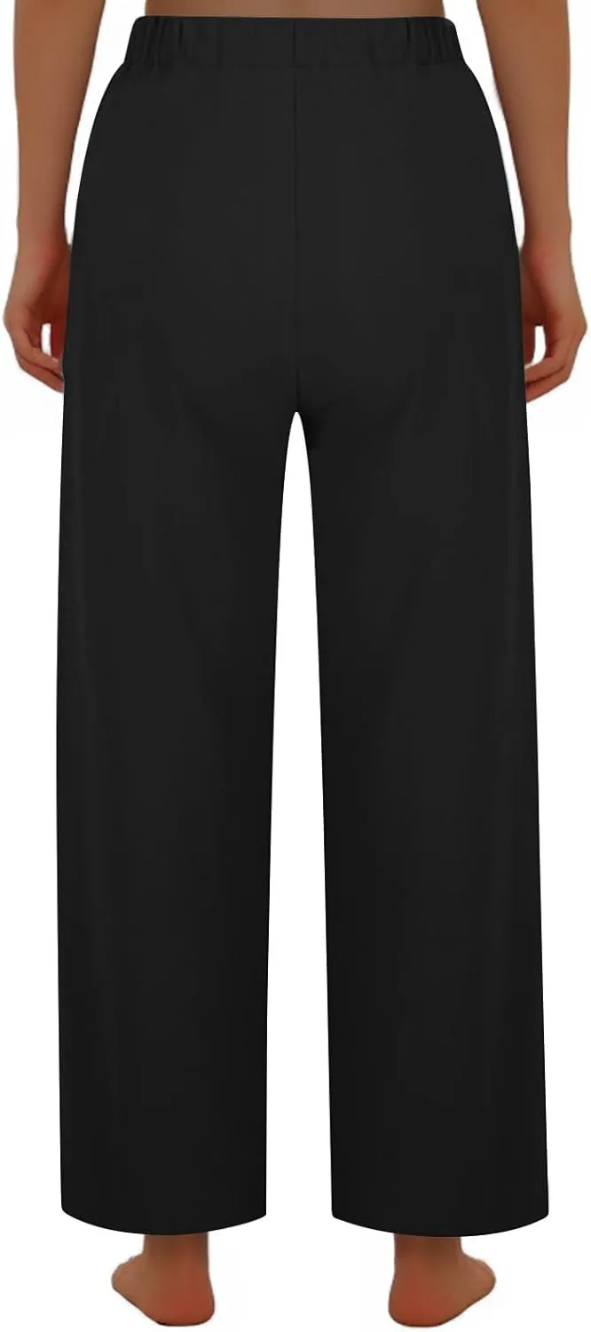 Womens Cotton Wide Leg Pants Casual Elastic High Waisted Palazzo Pants Button Decor Straight Leg Solid Comfy Trousers