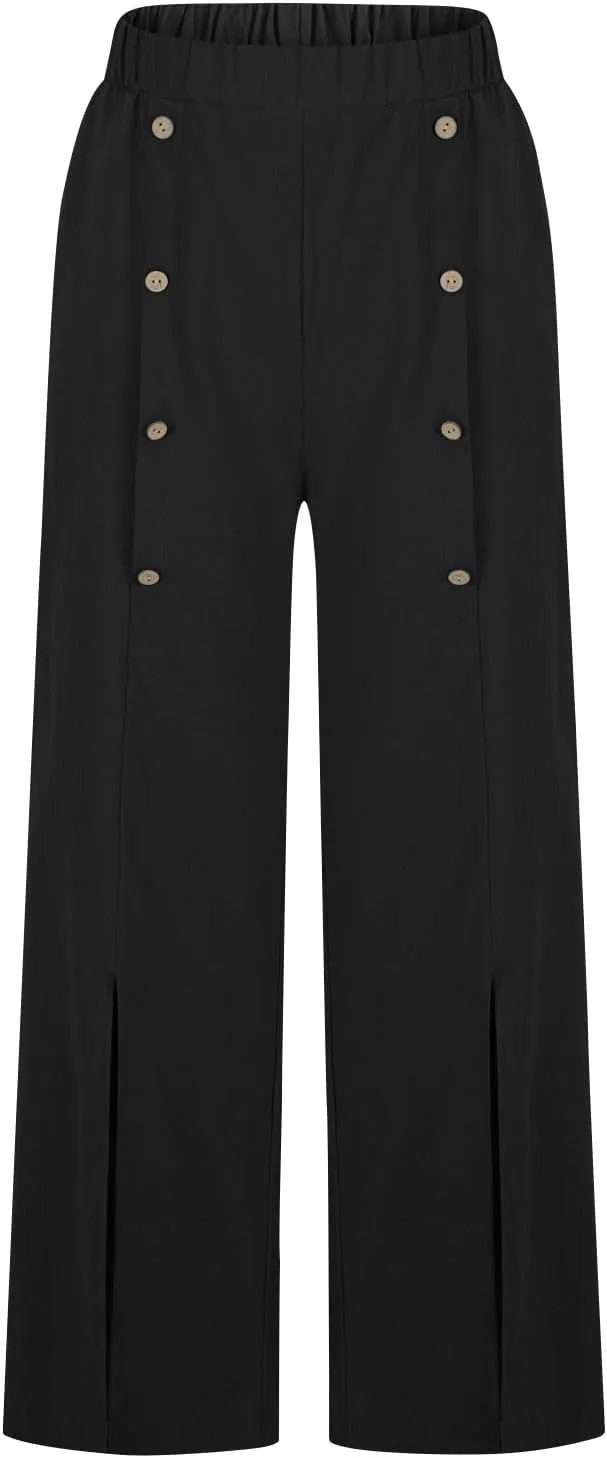 Womens Cotton Wide Leg Pants Casual Elastic High Waisted Palazzo Pants Button Decor Straight Leg Solid Comfy Trousers