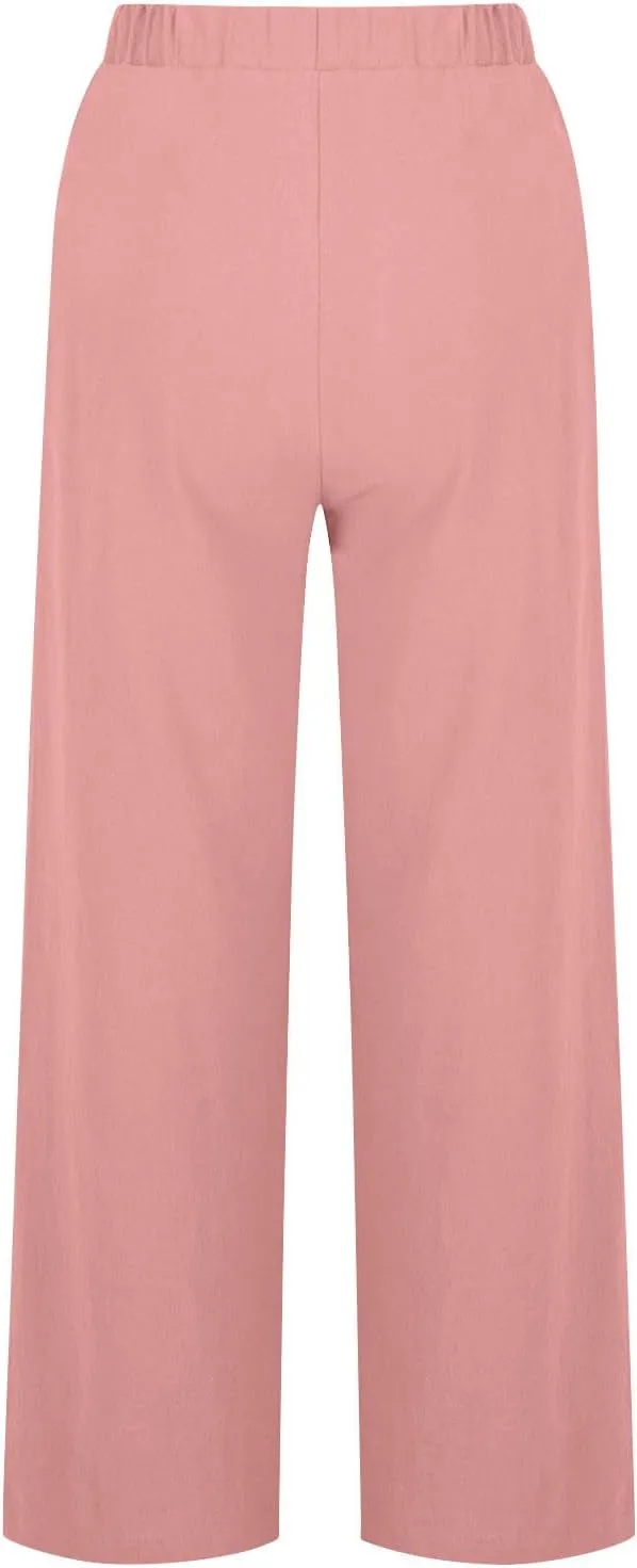 Womens Cotton Wide Leg Pants Casual Elastic High Waisted Palazzo Pants Button Decor Straight Leg Solid Comfy Trousers