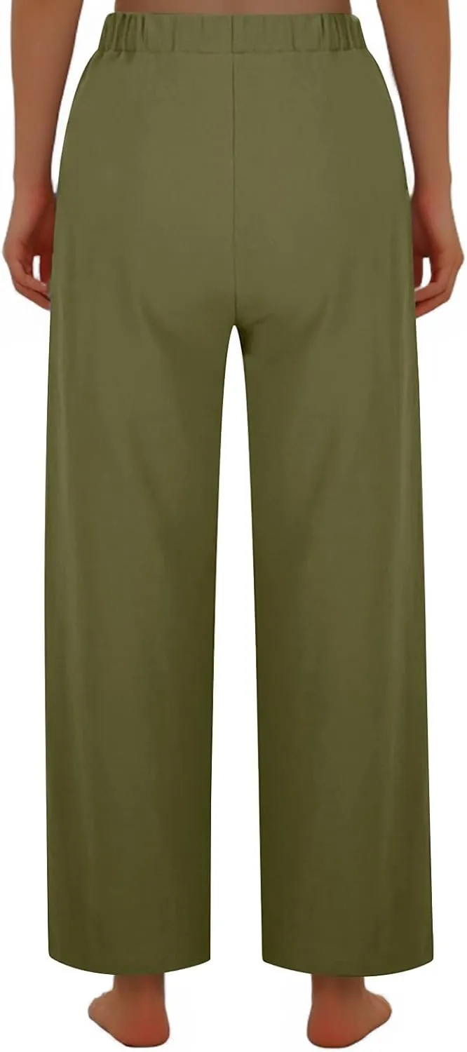 Womens Cotton Wide Leg Pants Casual Elastic High Waisted Palazzo Pants Button Decor Straight Leg Solid Comfy Trousers