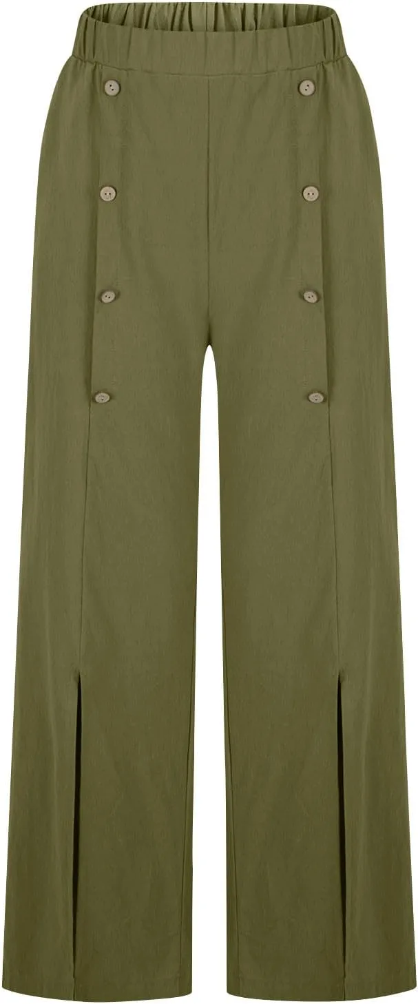 Womens Cotton Wide Leg Pants Casual Elastic High Waisted Palazzo Pants Button Decor Straight Leg Solid Comfy Trousers