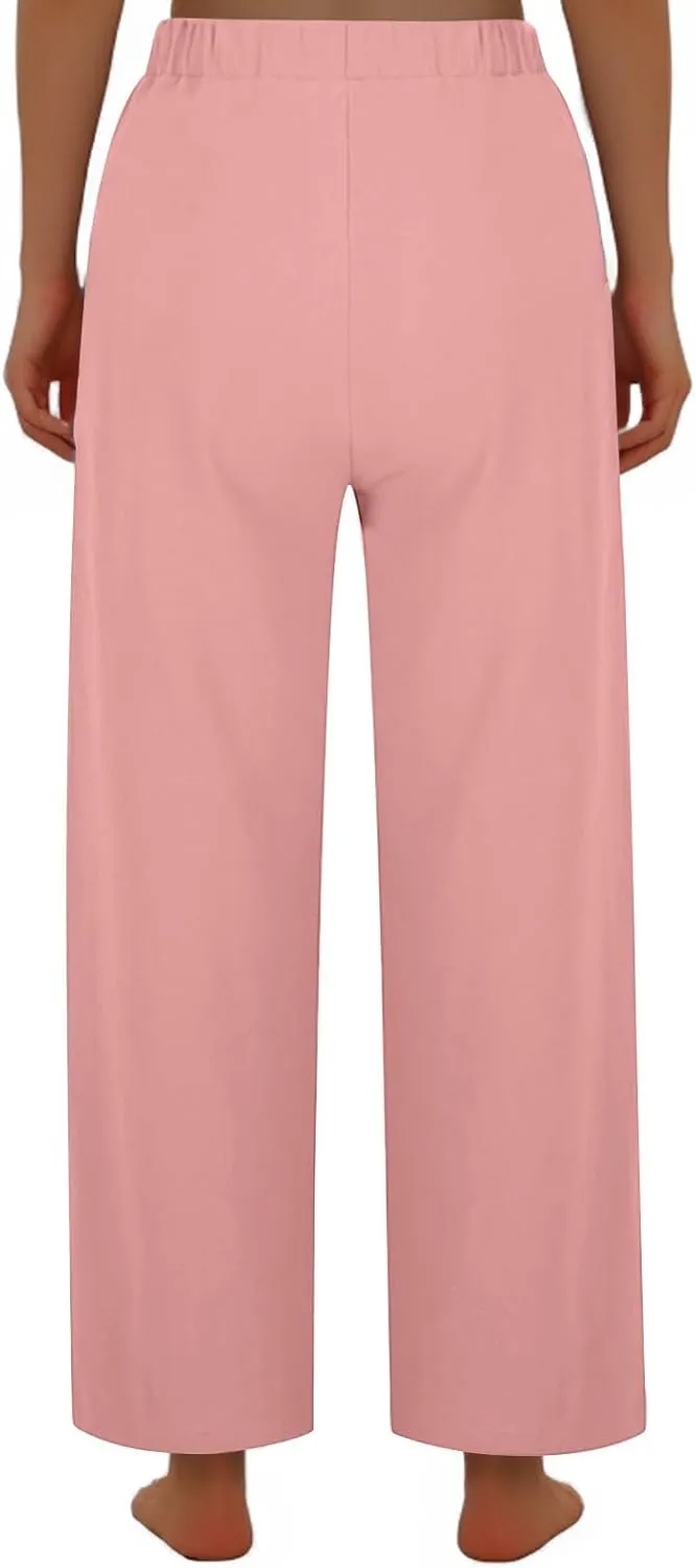 Womens Cotton Wide Leg Pants Casual Elastic High Waisted Palazzo Pants Button Decor Straight Leg Solid Comfy Trousers
