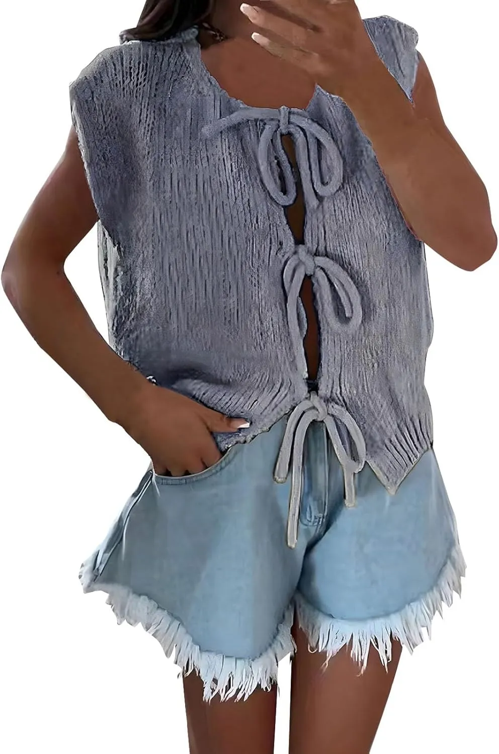 Womens Denim Tie Front Tops Babydoll Peplum Puff Sleeve Jean Shirts Crew Neck Summer Casual Bow Blouses