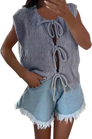 Womens Denim Tie Front Tops Babydoll Peplum Puff Sleeve Jean Shirts Crew Neck Summer Casual Bow Blouses