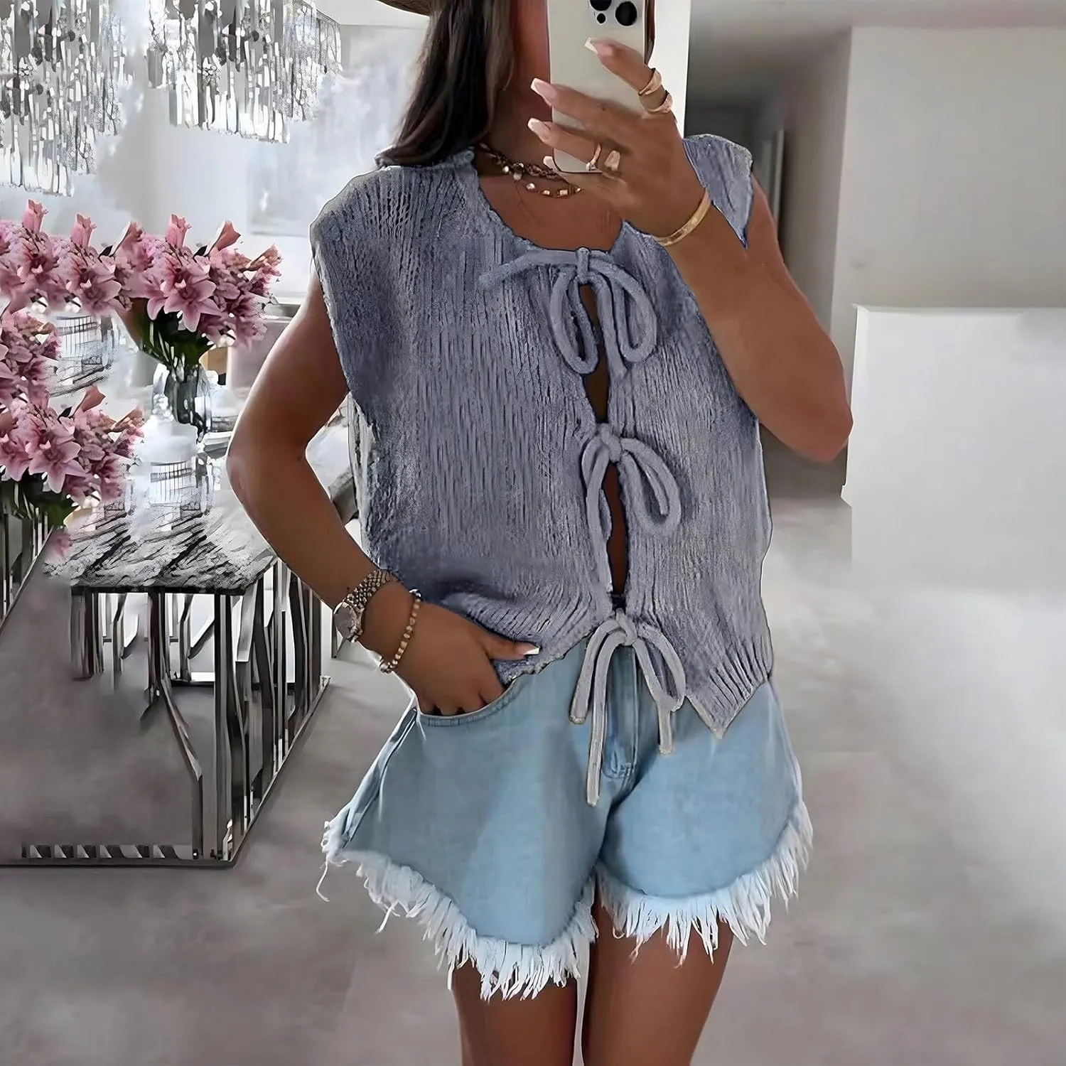 Womens Denim Tie Front Tops Babydoll Peplum Puff Sleeve Jean Shirts Crew Neck Summer Casual Bow Blouses