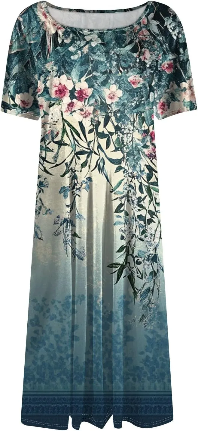 Womens Dresses 2025 Summer Crewneck Short Sleeve A Line Dress Side Pockets Empire Waist Midi Sun Dress Vacation