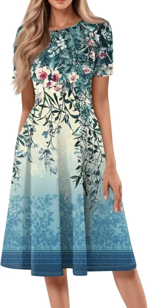 Womens Dresses 2025 Summer Crewneck Short Sleeve A Line Dress Side Pockets Empire Waist Midi Sun Dress Vacation