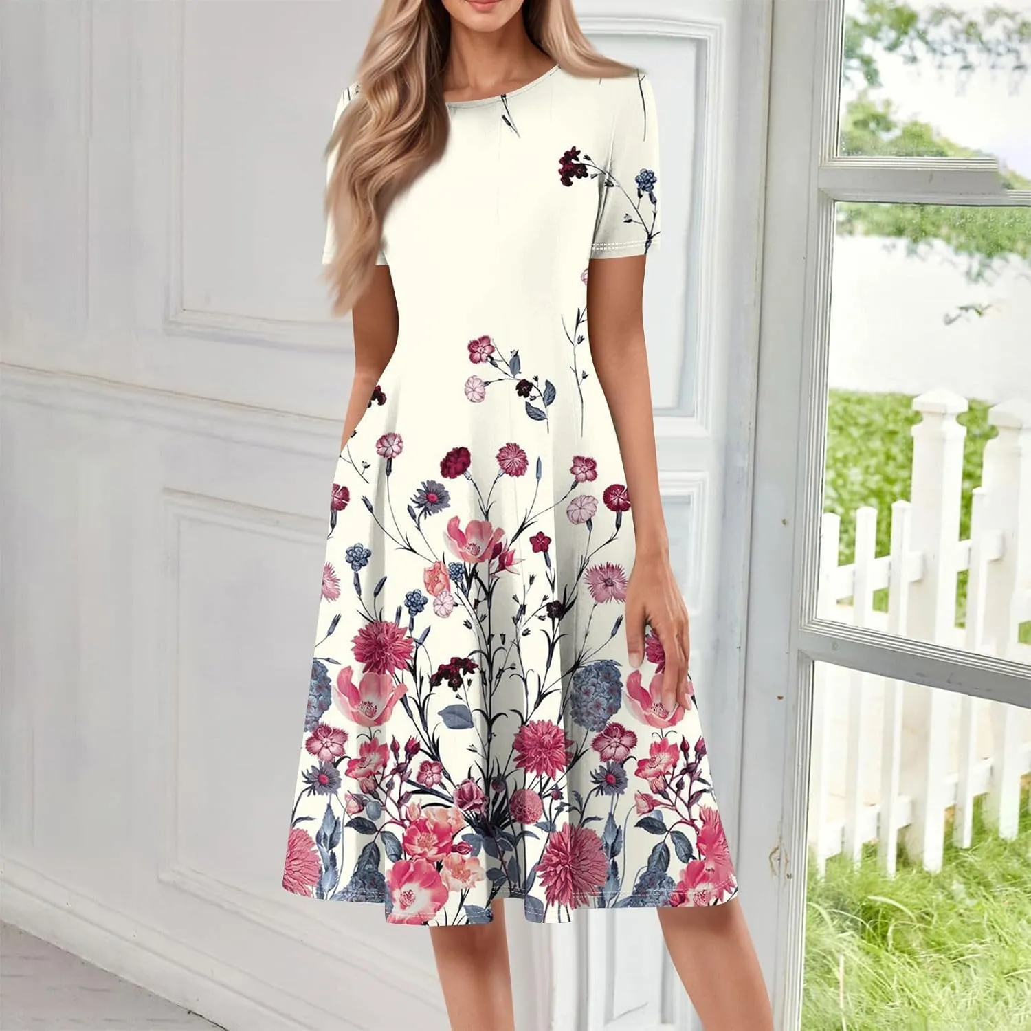 Womens Dresses 2025 Summer Crewneck Short Sleeve A Line Dress Side Pockets Empire Waist Midi Sun Dress Vacation