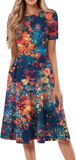 Womens Dresses 2025 Summer Crewneck Short Sleeve A Line Dress Side Pockets Empire Waist Midi Sun Dress Vacation