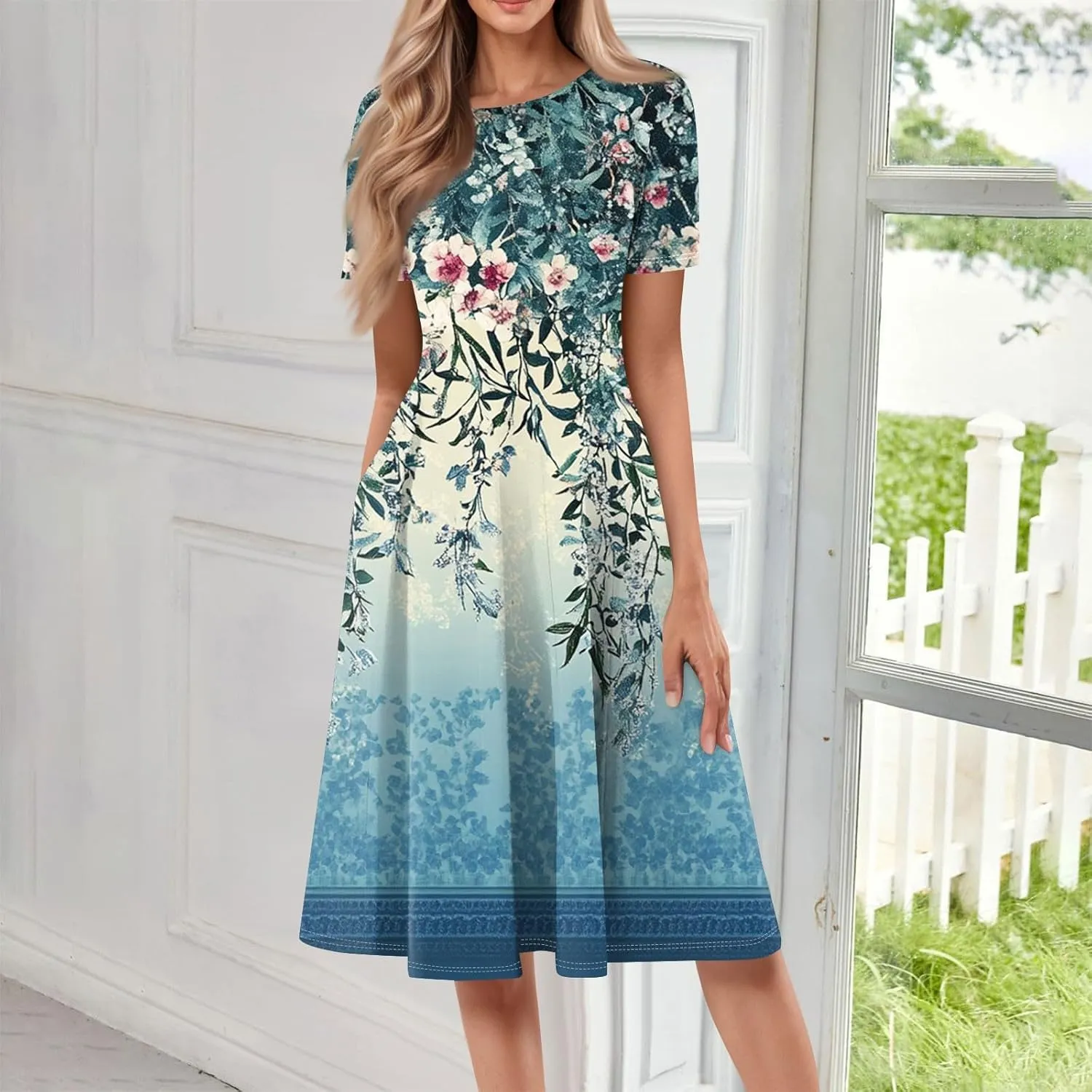 Womens Dresses 2025 Summer Crewneck Short Sleeve A Line Dress Side Pockets Empire Waist Midi Sun Dress Vacation
