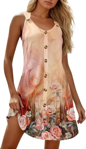 Womens Dresses Casual Plus Size Summer Clothes V Neck Sleeveless Sundress Mini Dress Button Down Tank Dress