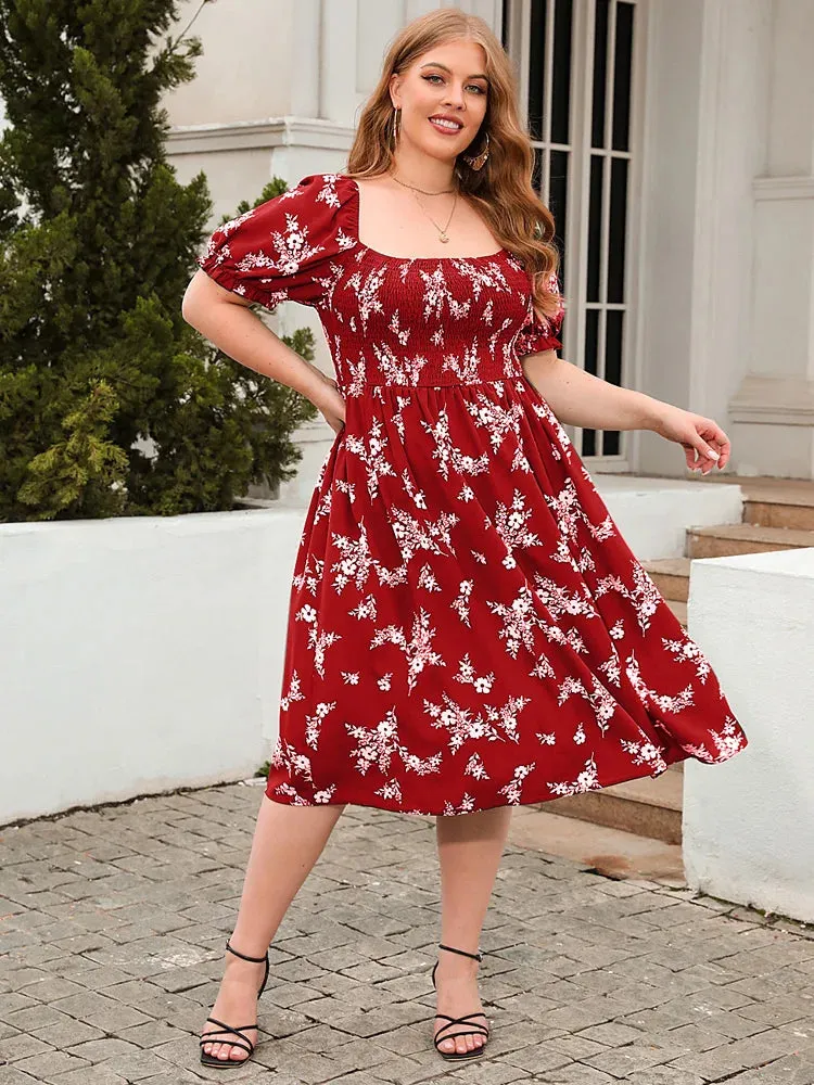 Women's Elastic Breast Fashion Designer 4XL Floral Midi Dresses (Plus Size)