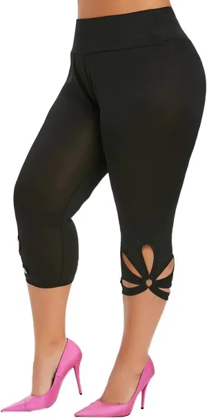 Women's Fake Denim Capris Lace Hem Floral Cropped Jeans Skinny Capri Leggings Plus Size Stretch Tights Short Pants