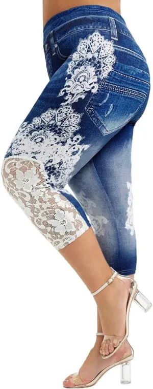 Women's Fake Denim Capris Lace Hem Floral Cropped Jeans Skinny Capri Leggings Plus Size Stretch Tights Short Pants