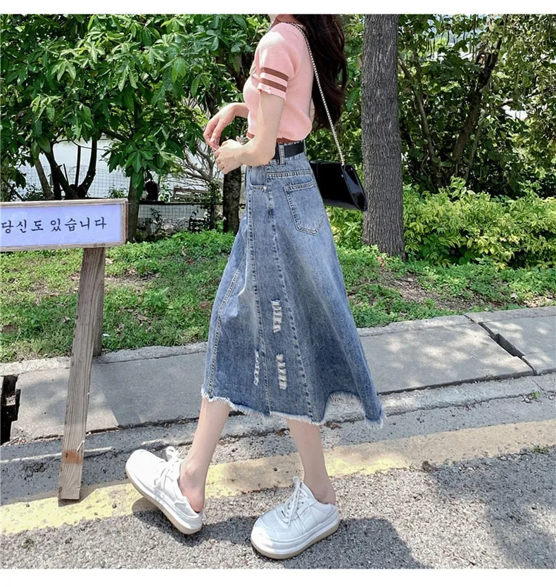 Women's Fashion Designer Denim Distressed Midi Skirts (Plus Size)