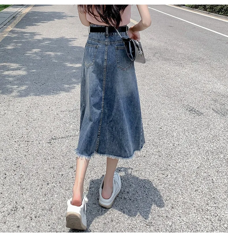Women's Fashion Designer Denim Distressed Midi Skirts (Plus Size)