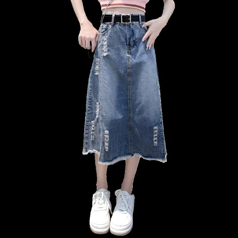 Women's Fashion Designer Denim Distressed Midi Skirts (Plus Size)