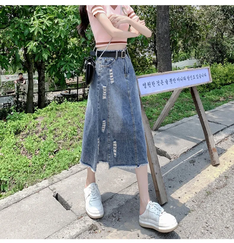 Women's Fashion Designer Denim Distressed Midi Skirts (Plus Size)