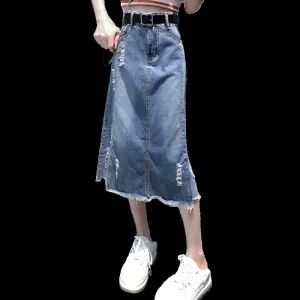 Women's Fashion Designer Denim Distressed Midi Skirts (Plus Size)
