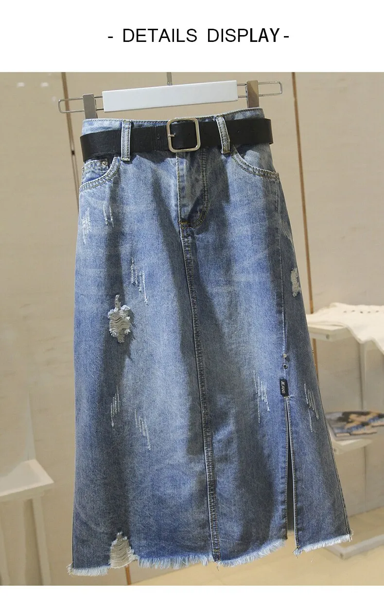 Women's Fashion Designer Denim Distressed Midi Skirts (Plus Size)