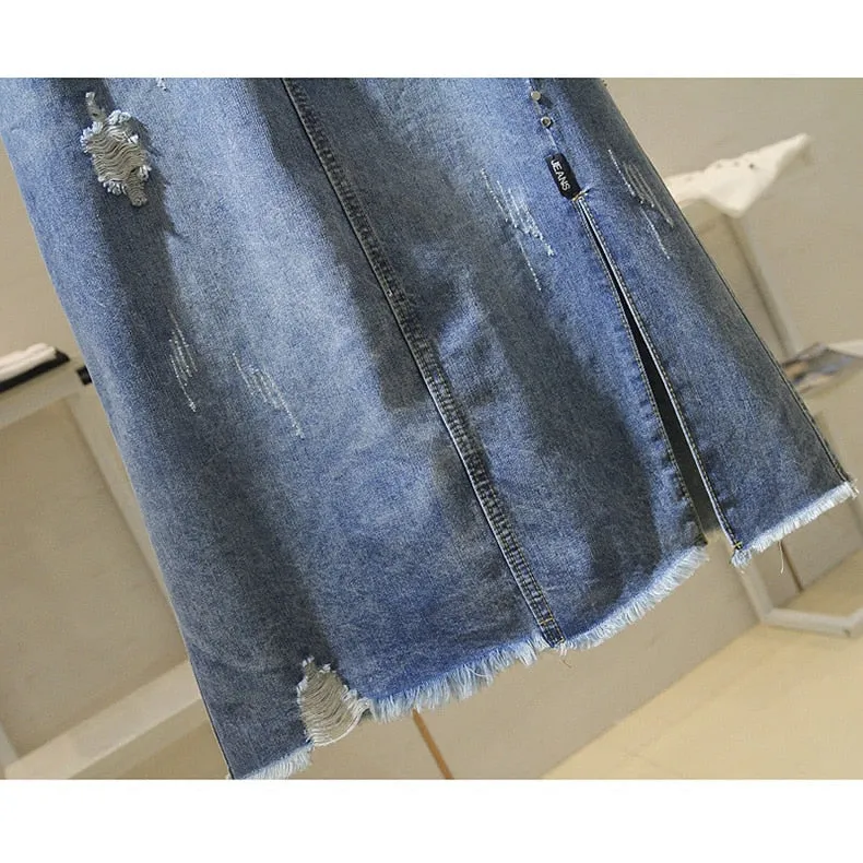 Women's Fashion Designer Denim Distressed Midi Skirts (Plus Size)