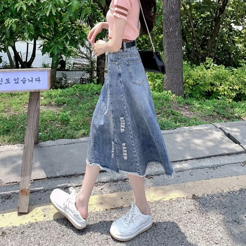 Women's Fashion Designer Denim Distressed Midi Skirts (Plus Size)