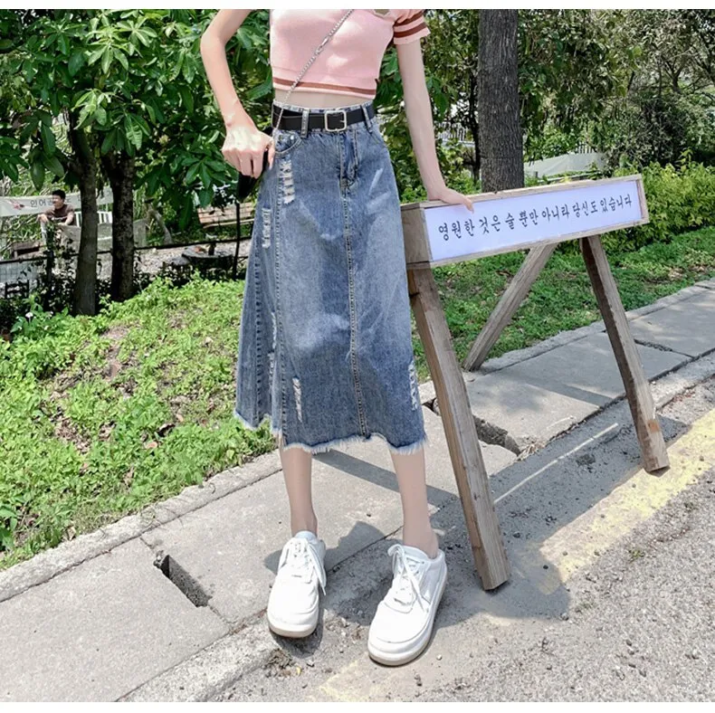 Women's Fashion Designer Denim Distressed Midi Skirts (Plus Size)