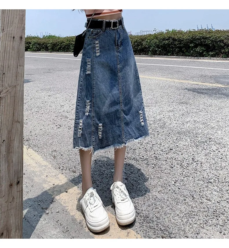 Women's Fashion Designer Denim Distressed Midi Skirts (Plus Size)
